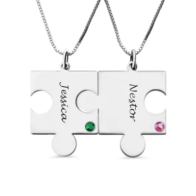 Engraved Puzzle Love Name Necklace for Couples Silver